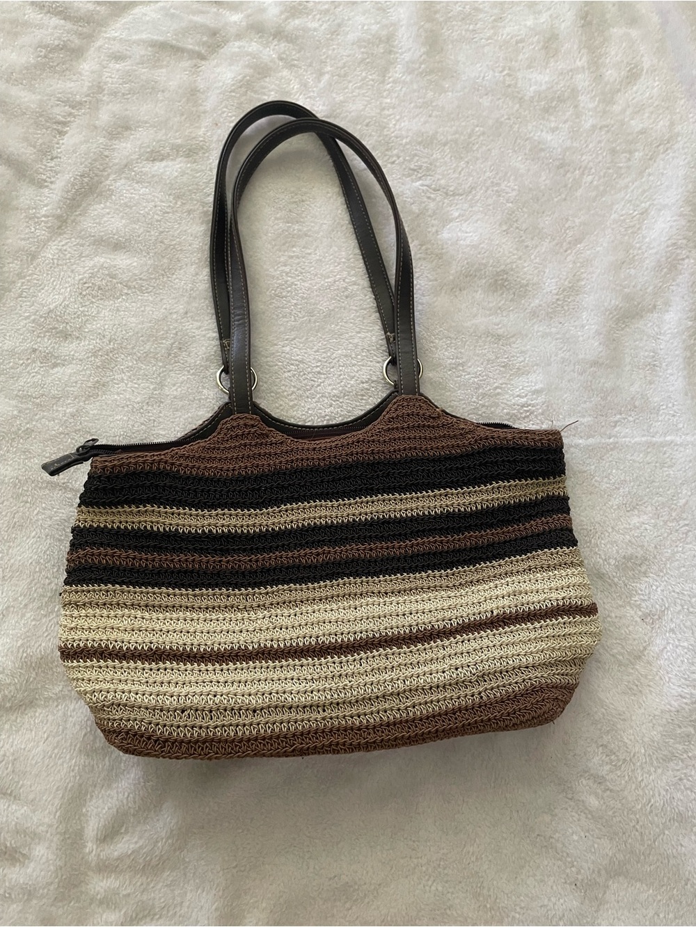Striped Crochet Bag in Brown and Cream